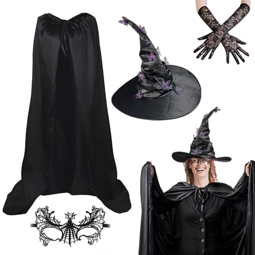 XPJBKC Hexenhut Damen, Witch Hat, Hexenhüte, Halloween Hut mit Schmetterling, Umhang, Retro Spitze Handschuhe und Maske,Zauberhut, Hexenkostüm Damen für Halloween Maskerade Cosplay Zubehör von XPJBKC