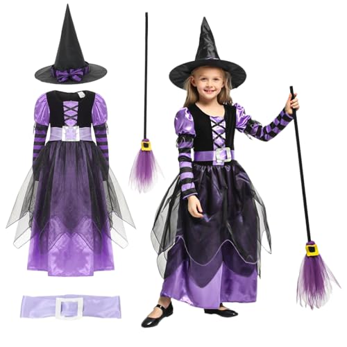 XPJBKC Hexenkostüm Kinder, Halloween Kostüm Kinder Hexe Mädchen mit Hexenhut, Hexenbesen, Gürtel, Lila-Schwarz Kostüm Hexe kinder Hexenkleid Mädchen für Halloween Karneval Party Cosplay XPJBKC Hexenkostüm Kinder, Halloween Kostüm Kinder Hexe Mädchen mit Hexenhut, Hexenbesen, Gürtel, Lila-Schwarz Kostüm Hexe kinder Hexenkleid Mädchen für Halloween Karneval Party Cosplay von XPJBKC
