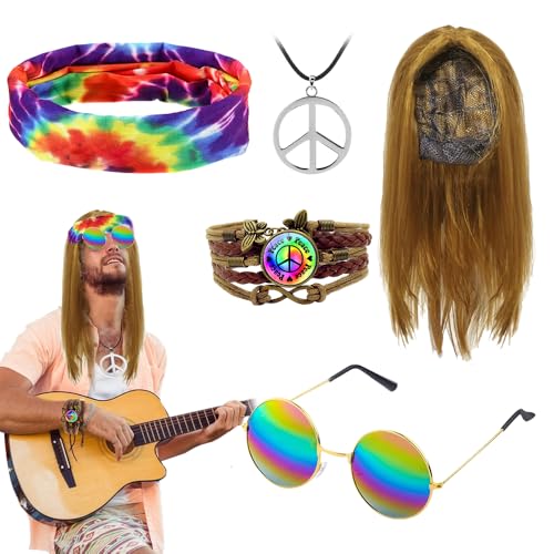 XPJBKC Hippie Kostüm Herren, 5 Stück Hippie Kostüm Männer, 60er 70er Jahre Outfit Hippie Kostüm Herren Damen mit Hippie Perücke,Sonnenbrille, Stirnband,Halskette,Armbänder,für Fasching Karneval Party von XPJBKC