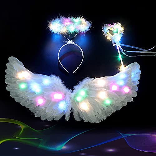 XPJBKC Leuchtend Engelsflügel, 60CM Engelsflügel Weiß, Engels Flügel Kostüm mit Heiligenschein und Zauberstab, Federflügel Engel, Engel Flügel für Weihnachten Karneval Cosplay Party, Weiß von XPJBKC