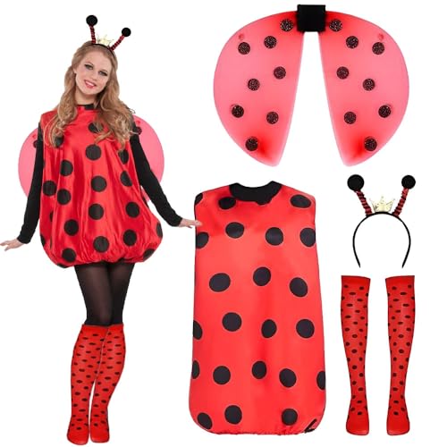 XPJBKC Marienkäfer Kostüm Damen, 4Pcs Kostüm Damen Marienkäfer, Kostüm Marienkäfer Damen, Marienkäfer Kostüm Erwachsene, Faschingskostüme Damen Marienkäfer, Ladybug Kostüm für Karneval Cosplay von XPJBKC