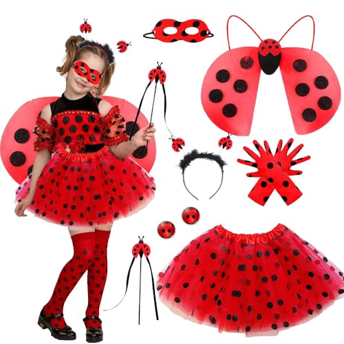 XPJBKC Marienkäfer Kostüm Kinder, 8Pcs Kostüm Marienkäfer Kinder, Ladybug Kostüm Mädchen mit Stirnband, Handschuhe, Ohrclips, Zauberstäbe, Masken, Flügel, Kleider, für Karneval (5-10 Jahre) von XPJBKC