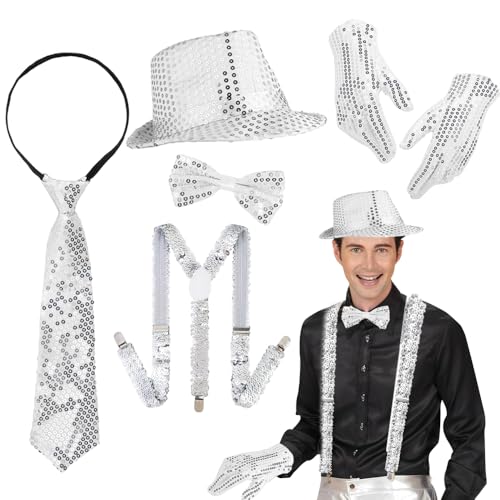 XPJBKC Michael Jack-son Kostüm, 5 Stück Glitzer Accessoires Herren, Glitzer Outfit Herren, Pailletten Hosenträger Set mit Glitzer Hut, Hosenträger, Fliege, Krawatte,Handschuhe für Fasching,Jazz Dance von XPJBKC