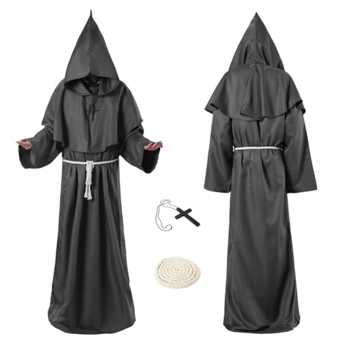 XPJBKC Mönch Kostüm Herren Mit Kapuze und Kreuz, Mönchskutte, Mönchskutte Mittelalter Cosplay, Halloween Kostüm Herren für Mottoparty, Halloween, Karneval und Fasching(Schwarz, L) von XPJBKC