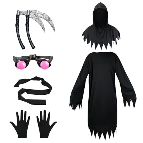 XPJBKC Sensenmann Kostüm Kinder, Halloween Kostüm Sensenmann Jungen mit Doppelsensen, Leuchtend Roten Augen, Handschuhe, Gruselige Spooktacular Creations Sensenmann für Halloween Cosplay Dekoration von XPJBKC