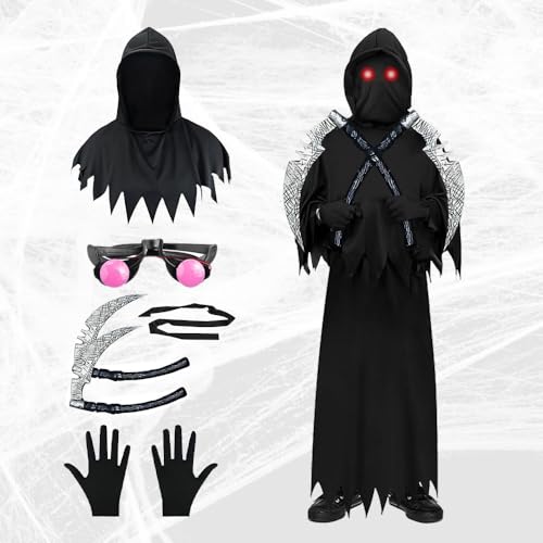 XPJBKC Sensenmann Kostüm Kinder, Halloween Kostüm Sensenmann Jungen mit Doppelsensen, Leuchtend Roten Augen, Handschuhe, Gruselige Spooktacular Creations Sensenmann für Halloween Cosplay Dekoration von XPJBKC