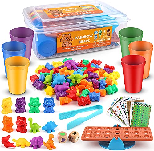 Rainbow Counting Bears Kleinkindspielzeug mit passendem Sortierbecher, 100 Stück Zählen Bären Passenden Sortierbechern Farberkennung Stapelspielzeug Lernspielzeug Storage Box,3,4,5,6,7,Kids Toy Gift von XQW