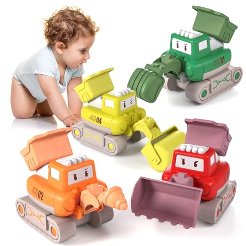 XQW Baby Auto Spielzeug ab 1 Jahr Jungen,Spielzeugautos ab 2 Jahre,4 Stück Press & Go Cartoon Baustellenfahrzeuge,Autos Kinder Spielzeug ab 1 2 3 Jahre von XQW