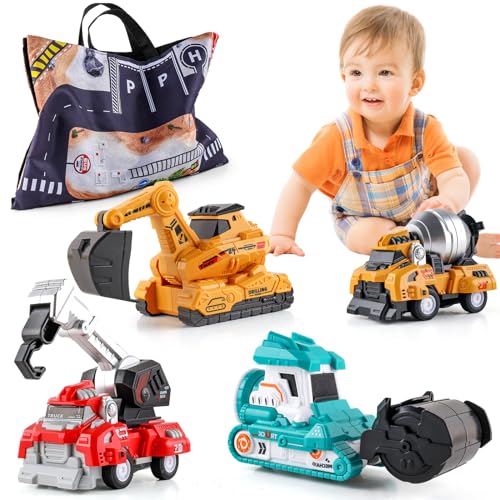XQW Baustellenfahrzeuge Kinder Spielzeugautos ab 1 2 3 4 Jahre,Push and Go Spielautos mit Aufbewahrungstasche,Kleine Autos Kinder Spielzeug Geschenke ab 1 2 3 4 Jahre Jungen Mädchen von XQW