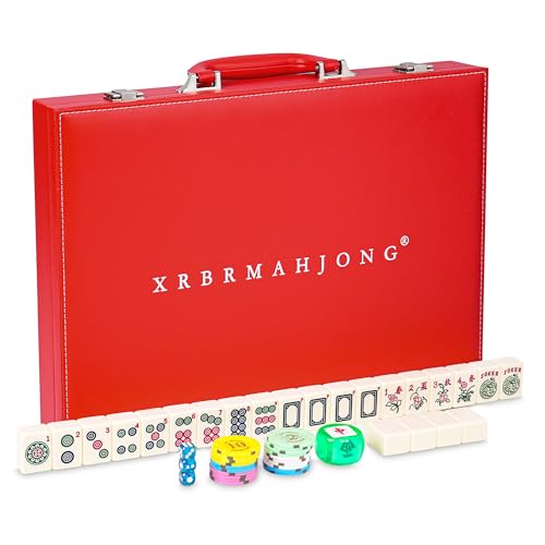 XRBR American Mahjong Set, Mah Jongg Spielset mit 166 nummerierten 36 mm großen Fliesen, roter Lederkoffer (Regale und Schieber nicht im Lieferumfang enthalten) (Elfenbeingelb) von XRBR