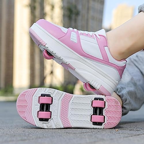 XRDSHY Sportschuhe Skateboard Outdoor Gymnastik Turnschuhe Jungen Mädchen Freizeitschuh Schuhe Mit Rollen Drucktaste Einstellbare Skateboardschuhe Für Kinder Mädchen Junge Erwachsene,Pink-31 EU von XRDSHY