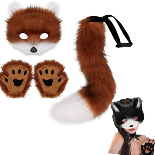 XRXRX Fuchs-Kostüm, Cosplay-Kostüm, pelzige Fuchsmaske und 7 Stile, langer Fuchsschwanz, Schlüsselanhänger, Halbgesichtsmaske, Katzenmaske und Schwanz, Set, für Erwachsene, Cosplay, Kostüm, Party, von XRXRX