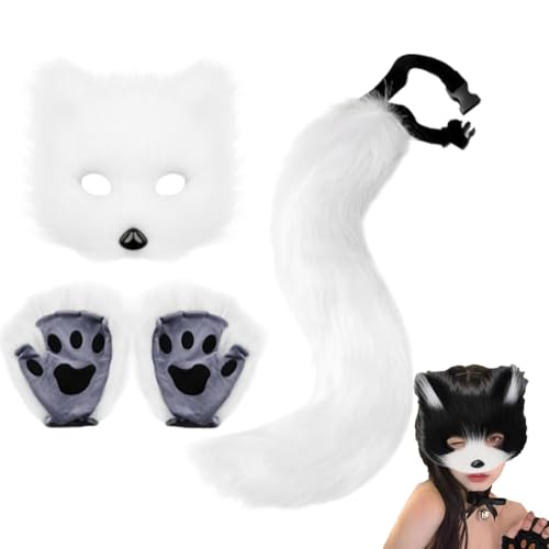 XRXRX Fuchs-Kostüm, Cosplay-Kostüm, pelzige Fuchsmaske und 7 Stile, langer Fuchsschwanz, Schlüsselanhänger, Halbgesichtsmaske, Katzenmaske und Schwanz, Set, für Erwachsene, Cosplay, Kostüm, Party, von XRXRX