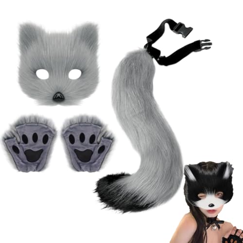 XRXRX Fuchs-Kostüm, Cosplay-Kostüm, pelzige Fuchsmaske und 7 Stile, langer Fuchsschwanz, Schlüsselanhänger, Halbgesichtsmaske, Katzenmaske und Schwanz, Set, für Erwachsene, Cosplay, Kostüm, Party, von XRXRX