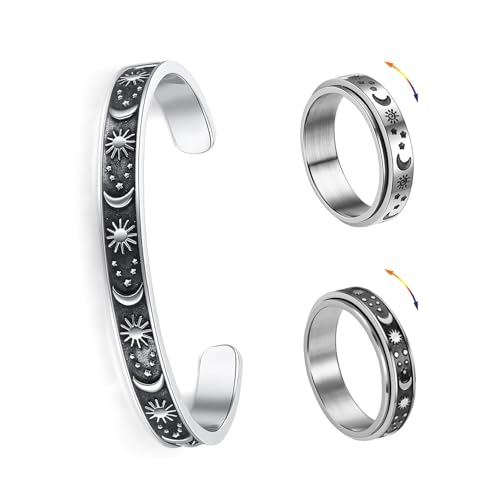 XSDSLS 3 Stück Anti-Angst Spinner Ringe Offen Armreif Edelstahl Mond Stern Solar Drehbarer Ringe Roller Stress Ringe Angstlinderung Ringe Offen Armband Geschenke für Frauen (10) von XSDSLS