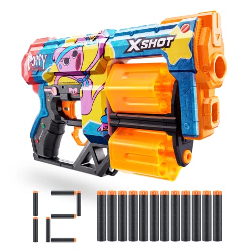 X-Shot Skins Dread Blaster – Poppy Playtime (Kissy) von ZURU mit 12 Darts, drehbarem Doppellauf, Air Pocket Dart Technologie, Spielzeug-Schaum-Blaster für Kinder, Jugendliche und Erwachsene von XShot