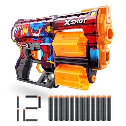 X-Shot Skins Dread Blaster - Poppy Playtime (Toony) von ZURU mit 12 Darts, drehbarem Doppellauf, Air Pocket Dart Technologie, Spielzeug-Schaumstoffblaster für Kinder, Jugendliche und Erwachsene von XShot