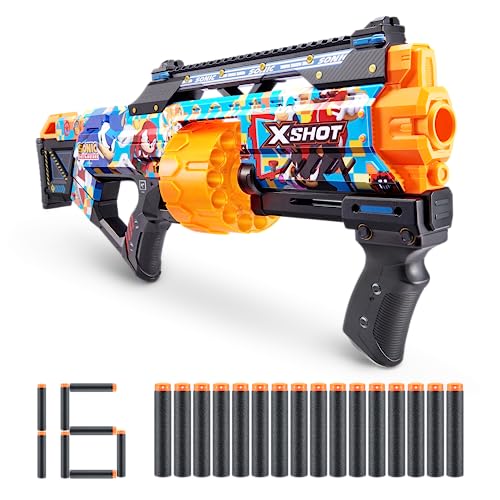 X-Shot Skins Last Stand Blaster - Moderne Sonic Skin von ZURU Sonic The Hedgehog Design mit 16 Darts, Slam Fire Action, Air Pocket Dart Technologie, Spielzeug-Schaumstoffblaster für Kinder, von XShot