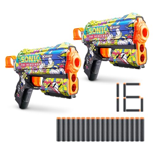 XSHOT Skins Flux Blaster Sonic Hyper Spike, Sonic The Hedgehog Design with 16 Darts, Easy Reload, Air Pocket Dart Technology, Toy Foam Blaster for Kids, Teens and Adults (2 Blasters, 16 Darts) von XShot