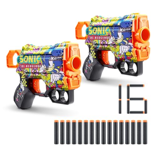 XSHOT Skins Menace Blaster Sonic Hyper Spike, Sonic The Hedgehog Design with 16 Darts, Easy Reload, Air Pocket Dart Technology, Toy Foam Blaster for Kids, Teens and Adults (2 Blasters, 16 Darts) von XShot