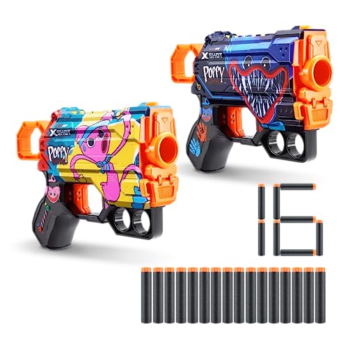 ZURU X-Shot Skins Menace Poppy Playtime Dart Blaster, 2 Stück – Jumpscare + Kissy, 16 Darts von XShot