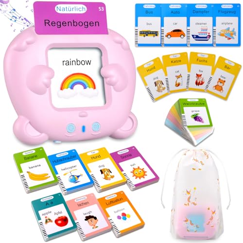 Sprechende Flash-Karten, Standard Deutsch-255 Blätter 510 Wörter, Sprechende Flash Karten Lernspielzeug für Kleinkinder 2-4 Jahre Alt, Interaktive Spielzeug für Jungen Mädchen Rosa (mit Musikmodus) von XTACO