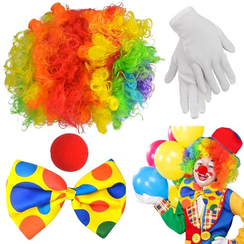 XTUDOU® 4 STK Clown KostüM, Clown Regenbogen Perücke, Fliege, Handschuhen, Clown Accessoires Kinder, für Kinder/ Damen/ Herren/ Halloween/ Ostern/ KarnevalskostüMe von XTUDOU