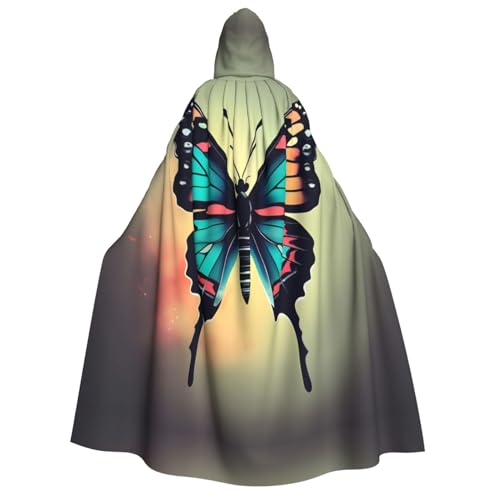 XTYGETY Handgezeichneter farbiger Schmetterling 2 Halloween-Weihnachtsumhang mit Kapuze, Unisex, Vampir-Zauberer-Robe, mittelalterlicher Umhang von XTYGETY