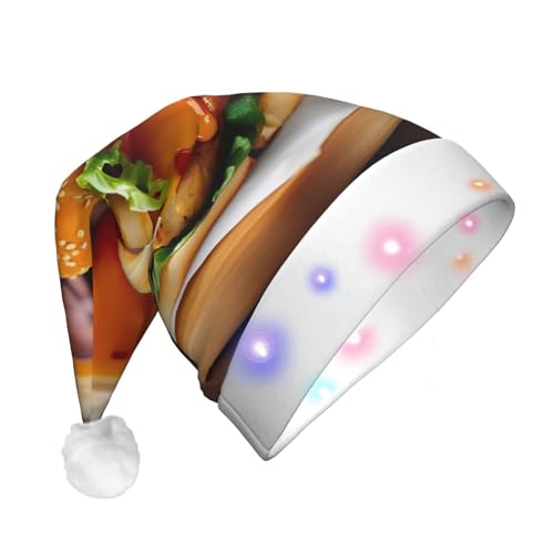 XTYGETY Weihnachtsmütze mit Hühnerbein und Burger, Elfenmütze, Unisex, für Erwachsene, leuchtende Weihnachtsmannmütze mit LED-Lichtern, für festliche Partys von XTYGETY