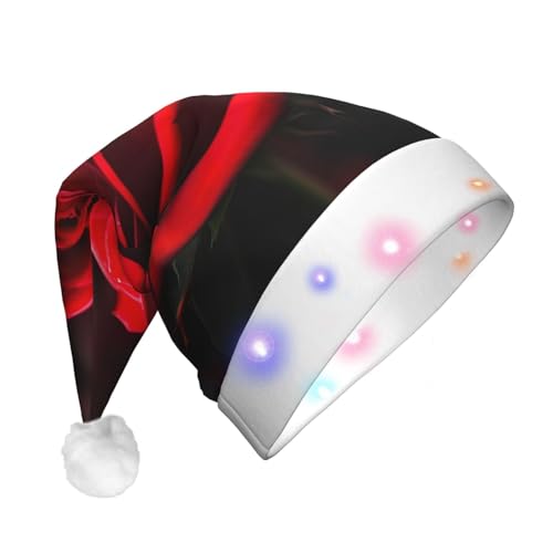 XTYGETY Weihnachtsmütze mit roten Rosen, Elfenmütze, Unisex, für Erwachsene, leuchtende Weihnachtsmannmütze mit LED-Lichtern, für festliche Partys von XTYGETY