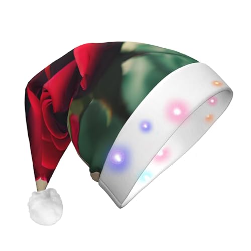 XTYGETY Weihnachtsmütze mit roten Rosen, Elfenmütze, Unisex, für Erwachsene, leuchtende Weihnachtsmannmütze mit LED-Lichtern, für festliche Partys von XTYGETY