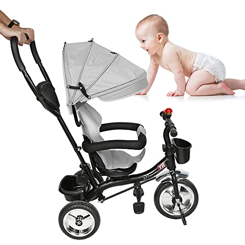 3 in 1 Evolutionäres Dreirad, Kinderdreirad für 10 Monate bis 5 Jahre, Babydreirad mit Markise und Sicherheitsgurt, Kinderwagen Grau-schwarz von XUANYU