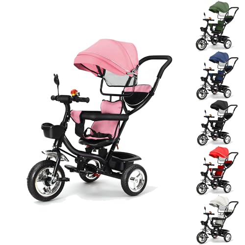 XUANYU 3in1 Kinderdreirad mit Schubstange Lenksystem Drehbarer Sitz Aufrüstbare Dreirad für Kinder Dreirad mit Sonnendach Buggy Fahrrad Vorwärts und Rückwärtsfahrt Jogger für Mädchen Jungen (Rosa) von XUANYU