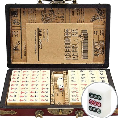 XUBX Mini-chinesisches Majong-Set,Mahjong-Anzug, Spielsteine aus weißem Elfenbeinimitat in edler Holzschatulle，Reise Mahjong Spielset Beige,komplettes Majong-Spiel-Set für Versammlungen, Tischspiel von XUBX