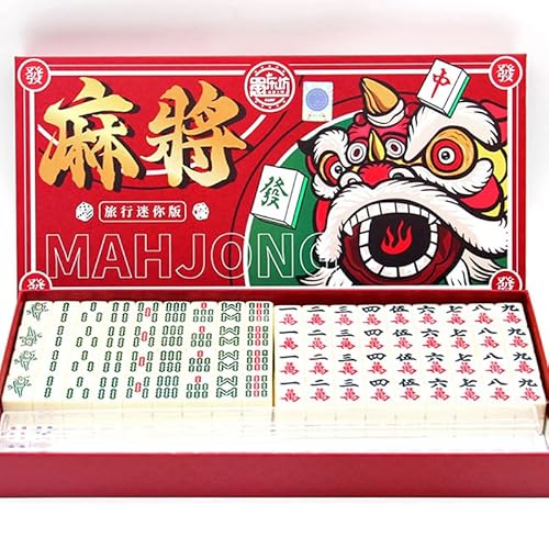 XUBX Mini-chinesisches Majong-Set,Mahjong-Anzug, Spielsteine aus weißem Elfenbeinimitat in edler Holzschatulle，Reise Mahjong Spielset Beige,komplettes Majong-Spiel-Set für Versammlungen, Tischspiel von XUBX