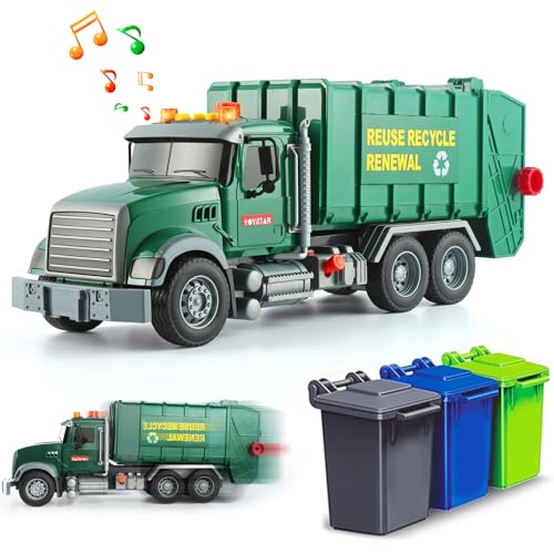 XUEXUE Großer Müllwagen Spielzeug für Jungen ab 3 Jahren - Reibungsgetriebener Abfallwirtschaftswagen mit Lichtern und Geräuschen, enthält 3 Mülltonnen am Heck Kinder. von XUEXUE
