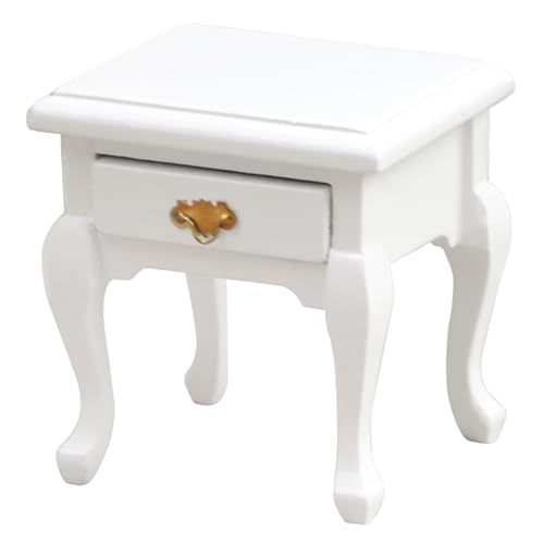 XUEYEGONGJI Dollhouse Side Table mit Schublade 1:12 Hölzer Dollhouse Endtisch Realistische weiße Puppenhaus Tisch Dollhouse Möbel von XUEYEGONGJI