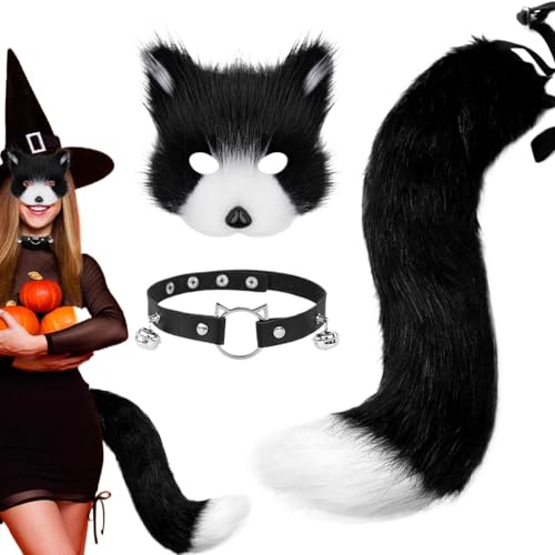 Fox Tail 3pcs/Set Fox -Maske und Heckset Pelry Fox -Kostüm enthält eine flauschige Fuchsmaske, Pfotenhandschuhe ＆ Choker Collar Therian Stuff Halloween Kostüm für Kostüm für Kostüme, Party von XUEYEGONGJI