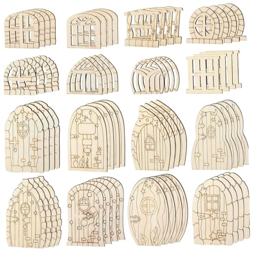 Puppenhaus Tür Kit enthält 64Pcs hölzerne Fee Tür & Puppenhaus Fenster Miniatur Puppenhaus DIY Möbel Fee Puppenhaus Fenster von XUEYEGONGJI