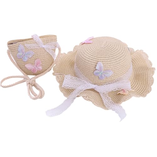 XUEYEGONGJI 2pcs/Set Kinderstrohhut und Strohhalm süßer Schmetterling Lace Hut ＆ Strohbeutel Strandhüte für Mädchen Sonnenschutz im Freien Sommer Strand Baby Hut und Geldbörse von XUEYEGONGJI