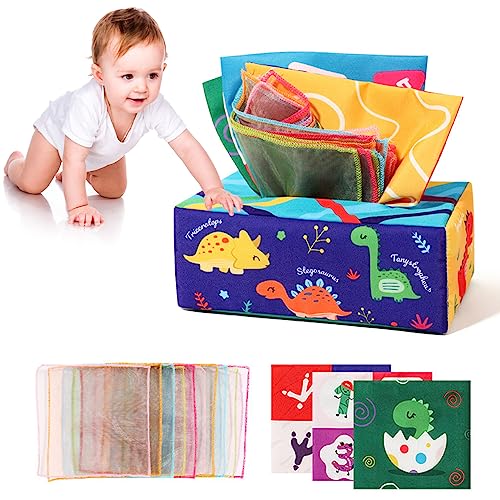 XUEYEGONGJI Baby Tissue Box Spielzeug 0-6 Monate Sensorisches Spielzeug für Babys Crinkle Toys Frühes Lernen Spielzeug für Babygeschenke Dinosaurier von XUEYEGONGJI