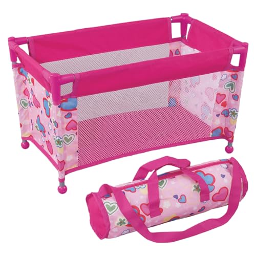 XUEYEGONGJI Babypuppenbett Babypuppenkrippe für 18 '' Puppen, faltbares Babypuppenbett, herzgestaltete Babypuppen -Spielstall, Babypuppenpack und Spiel mit Tragetasche für Kinder 3+ Geschenke von XUEYEGONGJI