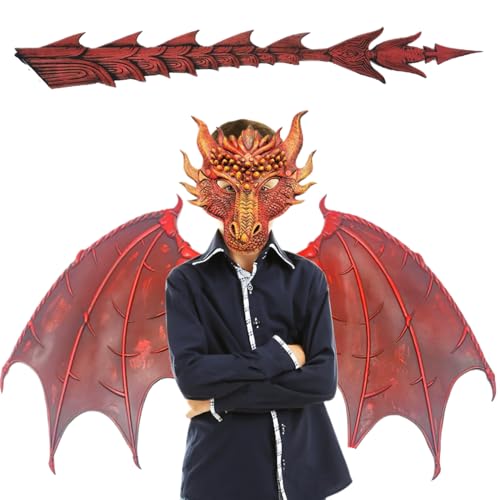 XUEYEGONGJI Dragon Mask Dragon Kostüm für Kinder Evil Dragon Mask Flügel Schwanz Set Pu Foam Faltbare Halloween-Kostüme Einer Größe Halloween Dragon Cosplay Set für Jungen Mädchen 6-14 Jahre, rot von XUEYEGONGJI