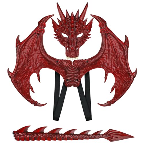 XUEYEGONGJI Dragon Tail Dragon Kostüm für Kinder Halloween Dragon Kostüm mit Drachenmaske, Dragon Tail & Dragon Flügel Gummi Dragon Cosplay für Party Masquerade (rot) von XUEYEGONGJI