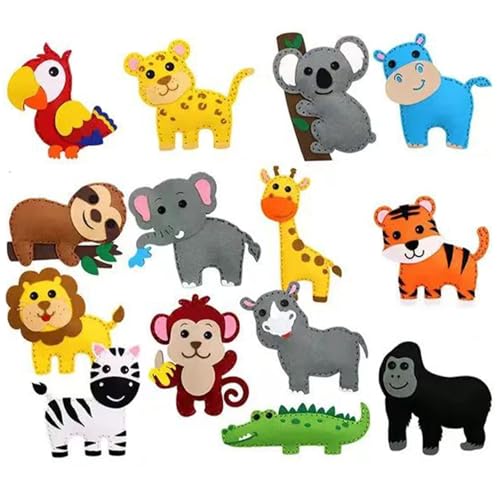 XUEYEGONGJI Filznähtkaste, 14pcs Nähkit für Kinder, Dschungelstil Filzkindernähset, Animal Felt Sewing Kit für Kinder, Filzhandwerkskits für Kinder von XUEYEGONGJI