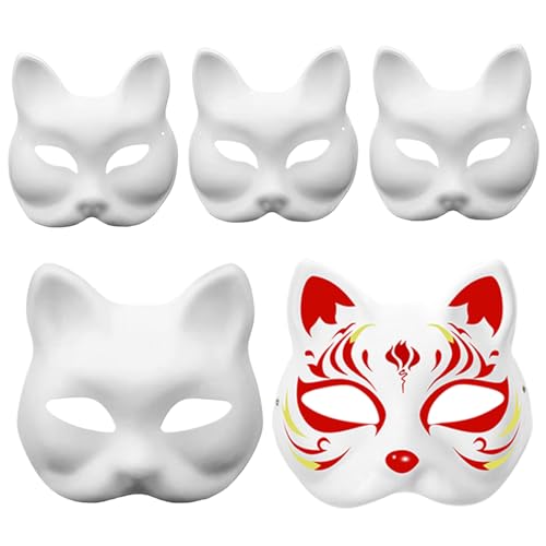 XUEYEGONGJI Katzenmasken zum Dekorieren von 5pcs Therian Masken, diy handbemalte Fuchsmaske, weiße Papier -Katzenmasken, lustige Tiermasken für Cosplay -Party, Maskerade 7.1x6.7 von XUEYEGONGJI