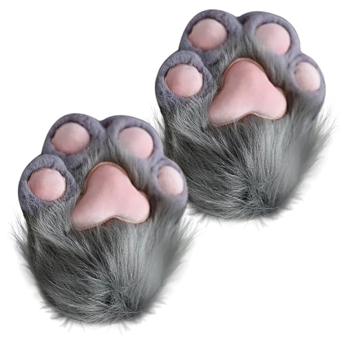 XUEYEGONGJI Katzenpfotenhandschuhe, pelzige Pfoten Fäustlinge, Tierpfoten Handwäsche, Cartoonkrallenfäuwerte, Plüsch Cosplay Cat Paw Grey von XUEYEGONGJI