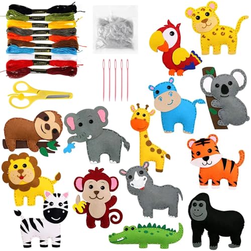 XUEYEGONGJI Kids Sewing Kit, 14pcs/Set Animal Felt Nähenkit verschiedene Filzpluppen Fun Kids Sewing Set DIY Bastel Ornamente, Nähkit von XUEYEGONGJI