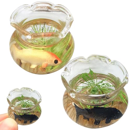 XUEYEGONGJI Mini Fish Bowl Dollhouse Fischtank 2 Set 1:12 Simulation Simulation Miniatur Fischschale Spielzeugpuppenhaus Dekor für Wohnzimmer Puppenhauszubehör, Runde von XUEYEGONGJI