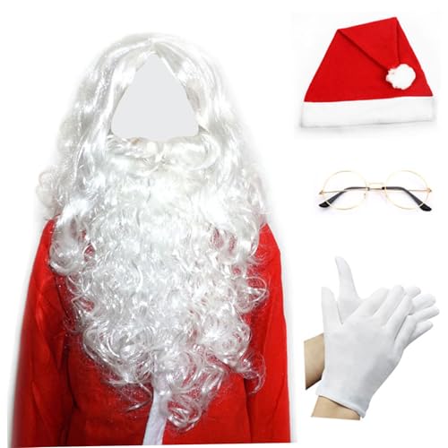 XUEYEGONGJI Santa Beard und Perücke Set mit Hut, Handschuhen und Brillen 5pcs Weihnachtskostüm süßes lockiges Haar Santa Kostüm für Cosplay -Party, Santa Beard und Perückenset von XUEYEGONGJI